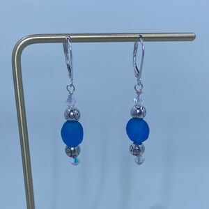 Elegant Blue Glass, Crystal and Silver Earrings
